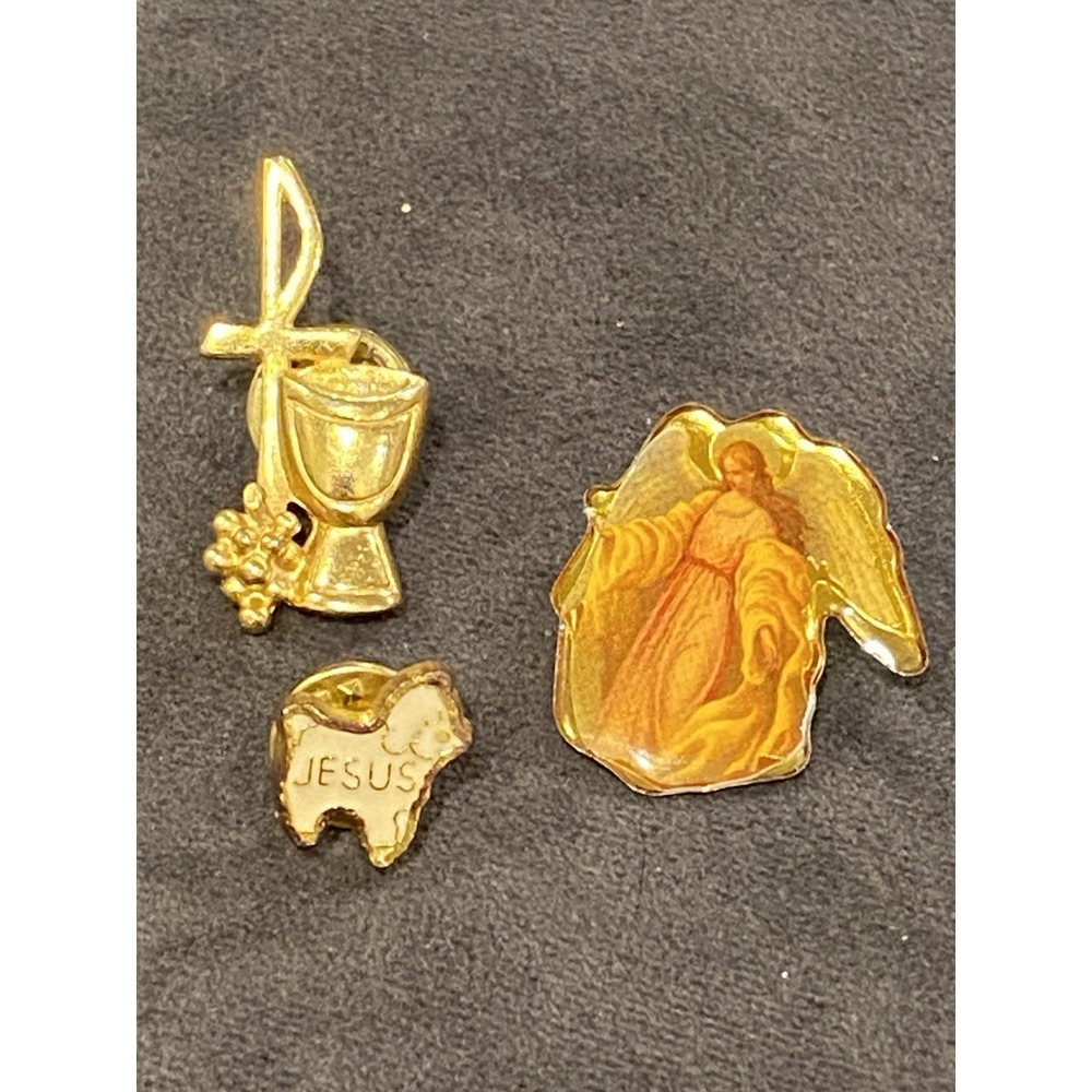 Christian Gold Tone Pin‎ Lot of 3 Inspirational Religious Pin-Back Lapel Vintage